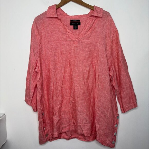 Tahari Women's Collared V-Neck Linen Shirt Blouse Tunic 3/4 Sleeve Pink Peach 2X - Picture 3 of 10